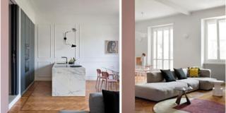 Una casa classico contemporanea in bianco, rosa e grigio